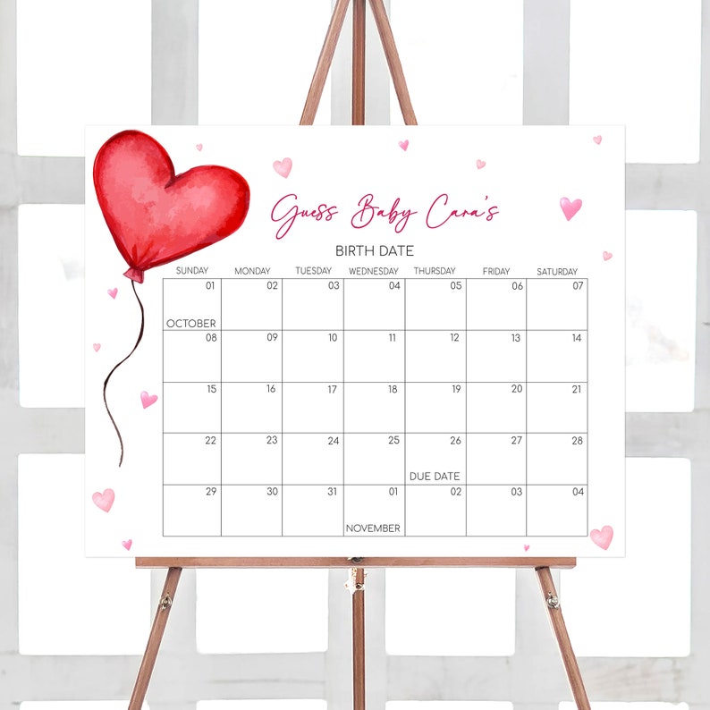 Bewerkbare Valentijn babyshower vervaldatum kalender, rood hart ballon babyshower kalender, minimalistische babyshower babyshower, 0597 afbeelding 1