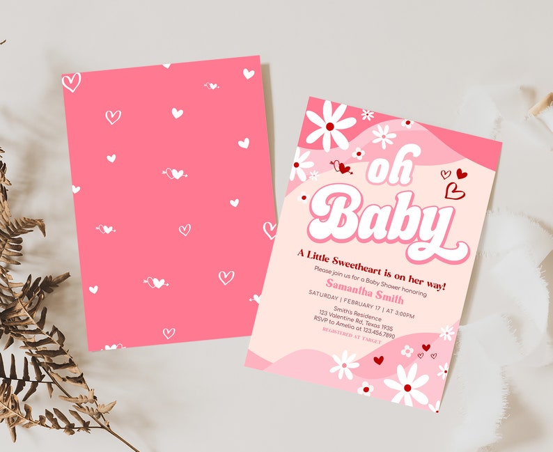 Edytowalny zestaw zaproszeń na baby shower w stylu retro groovy walentynkowy, zestaw zaproszeń na baby shower w kształcie serca, 0590 zdjęcie 2