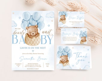 May include: A baby shower invitation featuring a blue and brown colour scheme. The invitation depicts a cartoon bear holding balloons and the text "We can barely wait BABY". The invitation also includes the text "Gavin is on the way!" and the date and time of the shower. There are also three smaller cards with the text "Diaper Raffle", "Books for Baby", and "Thank you".