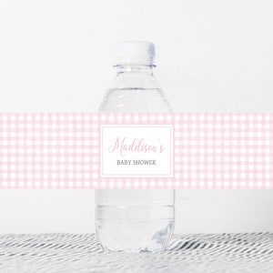 Etiquette modifiable pour biberon Vichy rose, étiquettes d'eau pour baby shower fille pique-nique barbecue, sticker pour bouteille d'eau Baby-Q arrière-cour Vichy, 0777