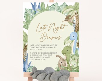 Late Night Diapers Sign Dinosaur Baby Shower, Gender Neutral Dino Baby Shower Diaper Thoughts Sign, Greenery Boho Dinosaur Baby Shower, 0675