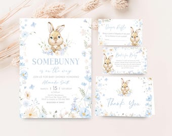Editable Blue Floral Bunny Baby Shower Invitation Bundle, Easter Rabbit Wildflower Shower Invite, Boy Some Bunny is on the Way Invite, 01023