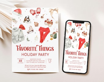 May include: A holiday party invitation with watercolor illustrations of winter items like a red scarf, mittens, and a Santa hat. The invitation text reads "Favorite Things Holiday Party" with event details and RSVP information.