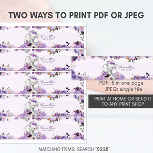 May include: Printable baby shower water bottle labels featuring a cute bunny with purple flowers. The labels are designed to be printed 5 to a page or as a single file. The text on the labels reads "Samantha's Baby Shower".