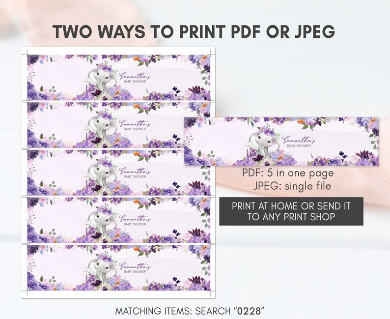 May include: Printable baby shower water bottle labels featuring a cute bunny with purple flowers. The labels are designed to be printed 5 to a page or as a single file. The text on the labels reads "Samantha's Baby Shower".