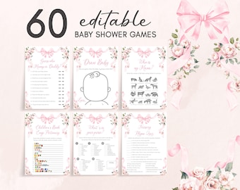 Editable Pink Bow Floral Baby Shower Games Bundle, A Sweet Little Girl Baby Shower Games Pack, Girl Coquette Bow Baby Shower Games, 01089