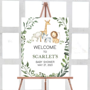 Editable Safari Baby Shower Welcome Sign, Jungle Baby Shower Welcome Poster, Gender Neutral Greenery Safari Animals Printable Template 0334