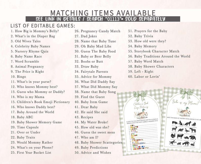 a list of matching items available for a baby shower