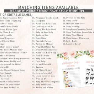K&ouml;nnte beinhalten: Eine druckbare Liste mit 60 Babyparty-Spielen mit einem rosafarbenen Blumenmuster. Die Spiele beinhalten "How Big is Mommy's Belly?", "What's in the Diaper Bag", "Old Wives Tales", "Celebrity Baby Names", "Nursery Rhyme Quiz", "Baby Name Race", "Word Scramble", "Animal Pregnancy", "The Price is Right", "Bingo", "What's in your purse?", "Who knows Mommy best?", "Guess who Mommy or Daddy?", "Who is my Mama", "Children's Book Emoji Pictionary", "Who knows Daddy best?", "Baby Around the World", "Baby ABC", "Baby Shower Memory Game", "Time Capsule", "Over or Under", "Baby Traits", "Would Mommy Rather", "What's on your Phone?", "First Year Bucket List", "Pregnancy Candy Match", "Dad Jokes", "Name that Baby Tune", "Oh Baby Mad Libs", "Guess The Baby Food", "Baby or Beer Belly", "Boobs or Butt", "Draw Baby", "Fairytale Parents", "Advice for Mommy", "What Did Daddy Say", "What Did Mommy Say", "Name that Baby Song", "Find the Guest", "Baby Item Game", "Dear Baby", "He said She said", "Recipes", "My Water Broke!", "How old was she?", "Guess the sweet mess", "Who am I?", "Baby Shower Scattegories", "Baby Predictions", "Advice and Wishes", "Prayers for the Baby", "Baby Trivia", "How old were they?", "Baby Memory", "Storybook Character Match", "Baby Traditions Around the World", "Baby Word Match", "Baby Shower Characters", "Left - Right", and "Labor or Lovin'".