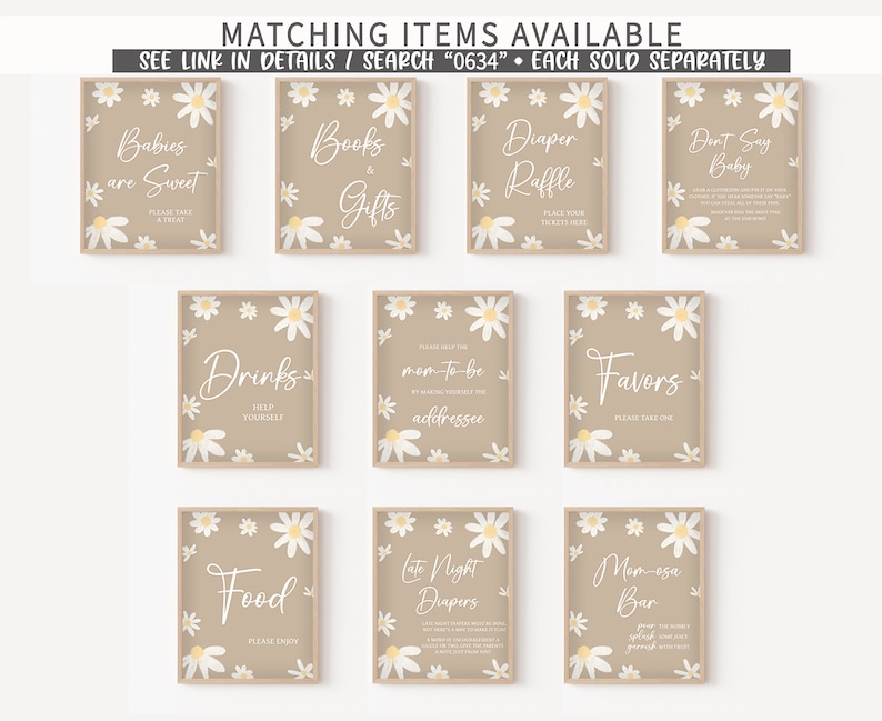 Op de afbeelding: Een verzameling ingelijste borden met madeliefjesaccenten en tekst voor een babyshower. Borden met opschriften als "Babies are Sweet", "Books & Gifts", "Diaper Raffle", "Don't Say Baby", "Drinks", "Favors", "Food", "Late Night Diapers" en "Mom-osa Bar".