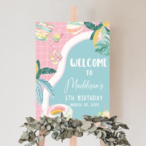 Bewerkbaar zwembadfeest verjaardag welkomstbord, pastel zomerfeest bord, welkomstposter meisje zomer zwembadfeest, kinderen zomer verjaardag decor, 70BD