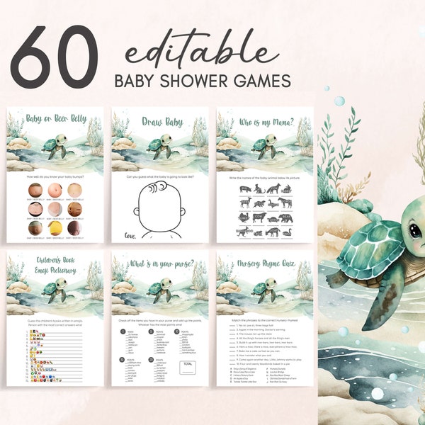 Editable Sea Turtle Baby Shower, Games Bundle Under The Sea Baby Shower Game Pack, A Little Hatchling Ocean Boy Baby Shower Games, 0712