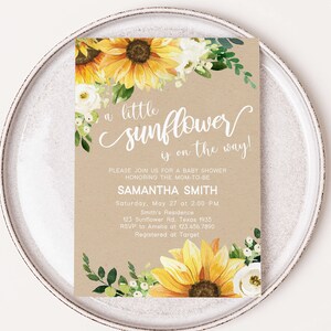 Editable Sunflower Girl Baby Shower Invitation, Rustic Boho Baby Shower Invite, Sunflower Yellow Floral Baby Shower Invitation Template 0379 image 1