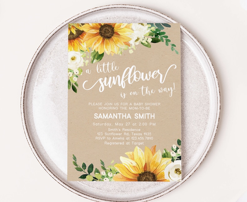 Editable Sunflower Girl Baby Shower Invitation, Rustic Boho Baby Shower Invite, Sunflower Yellow Floral Baby Shower Invitation Template 0379 image 1