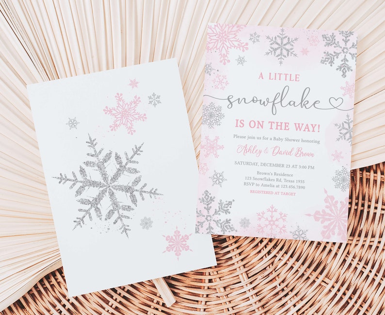 Bearbeitbares Rosa Eine kleine Schneeflocke-Babyparty-Einladungspaket, Mädchen-Winter-Schneeflocke-Babyparty-Einladungssatz, Winter-Babyparty-Einladung 0536 Bild 2