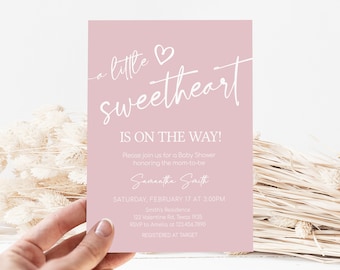 Editable Valentine Baby Shower Invitation, Minimalist Heart Baby Shower Invite, Pink A Little Sweetheart Baby Shower Invite Template, 0596