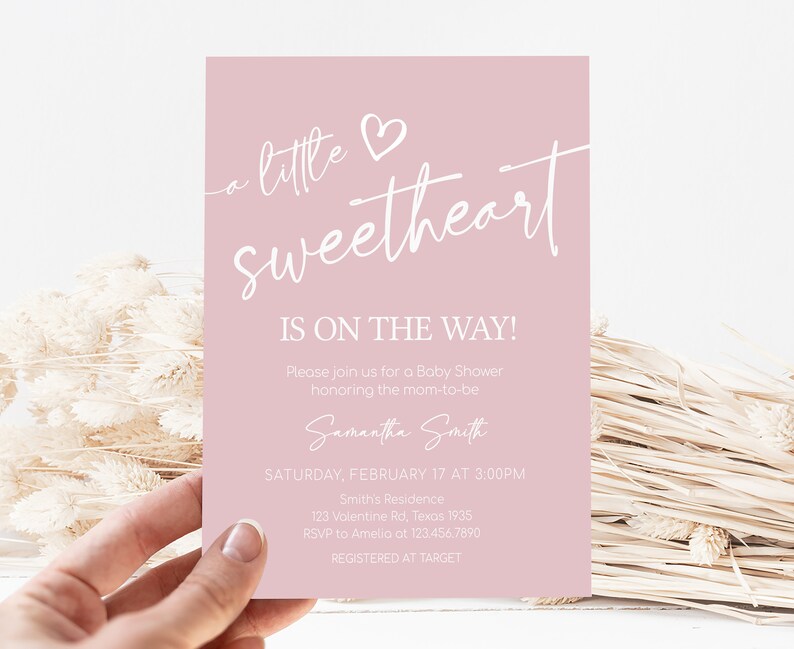 Editable Valentine Baby Shower Invitation, Minimalist Heart Baby Shower Invite, Pink A Little Sweetheart Baby Shower Invite Template, 0596 image 1
