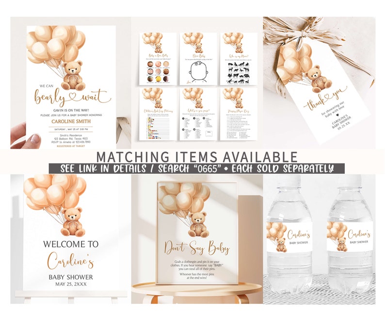 Op de afbeelding: Een set printbare babyborstdecoraties met een teddybeer die ballonnen vasthoudt. De decoraties omvatten een welkomstbord, een 'zeg niet baby'-bord, waterfleslabels en een bedankkaart. Het thema is bruin en goud.