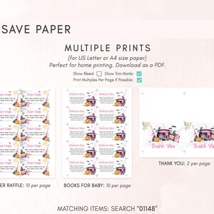 three different types of printed materials, including diaper raffles, books for babies, and thank you cards. The text provides information about these items, such as their purpose, size, and how they can be used.