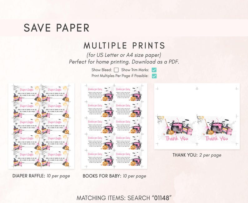 three different types of printed materials, including diaper raffles, books for babies, and thank you cards. The text provides information about these items, such as their purpose, size, and how they can be used.