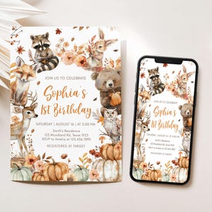 May include: A birthday invitation featuring woodland animals like a fox, raccoon, and bear, with pumpkins and floral accents. The invitation reads "Sophia's 1st Birthday" with event details. A smartphone displays the same design.