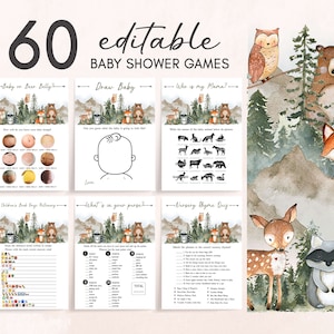 May include: A collection of 60 editable baby shower games with woodland animal illustrations. Games include "Baby or Beer Belly?", "Draw Baby", and "Who is my Mama?" The design features watercolor forest scenes and cute animals.