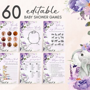 Editable Purple Elephant Baby Shower Games Bundle, Lavender Floral Baby Shower Activities, Girl Elephant Game Pack Printable Template 0228 image 1