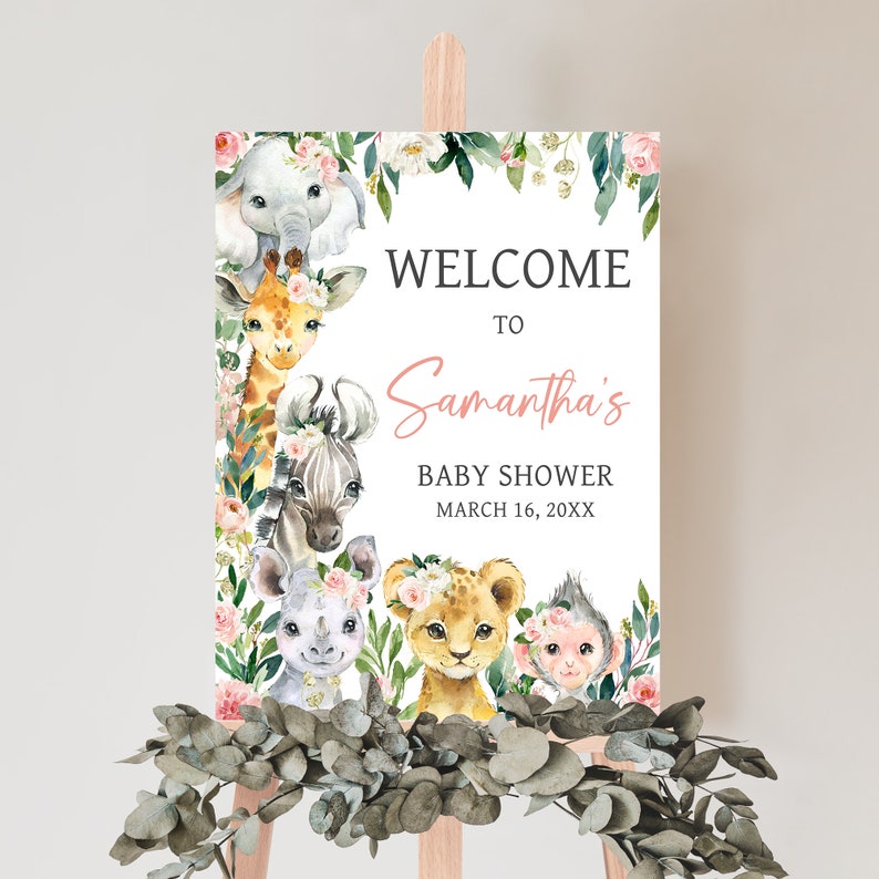 Editable A Little Wild One Jungle Baby Shower Welcome Sign, Girl Jungle Baby Shower Welcome Poster, Greenery Floral Safari Baby Shower, 0602 image 1