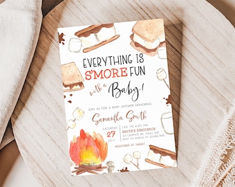 Editable Smore Baby Shower Invitation, Bonfire Camping Baby Shower Invite, Campfire Gender Neutral S'mores Baby Shower Invitation, 0767