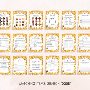 Peut inclure: Un ensemble de 14 cartes de jeu de baby shower imprimables sur le th&egrave;me de l'abeille et du nid d'abeilles. Les cartes comprennent des jeux comme "&Agrave; qui le b&eacute;b&eacute; ressemblera-t-il ?", "Que dira maman ?", "Combien d'articles pour b&eacute;b&eacute; ?", "Devinez la nourriture pour b&eacute;b&eacute;", "Baby Bingo", "Dessinez le b&eacute;b&eacute;", "Nourritures pr&eacute;f&eacute;r&eacute;es", "Conseils pour maman", "Que dira papa ?", "Comment le b&eacute;b&eacute; dit-il ?", "Trouvez l'invit&eacute;", "Baby Shower Bingo", "Cher b&eacute;b&eacute;", "Quel &acirc;ge aura-t-elle ?", "Devinez la chanson", "O&ugrave; suis-je ?", "Il a dit, elle a dit", "Recettes", "Mon livre de souhaits", "Comment nous sommes-nous rencontr&eacute;s ?", "Devinez l'animal", "Qui suis-je ?" et "&Eacute;l&eacute;ments correspondants : Recherchez "0238".