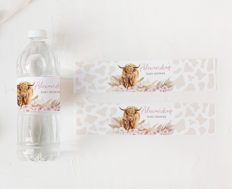 Editable Boho Highland Cow Baby Shower Bottle Label, Pink Holy Cow Baby Shower Water Label, Girl Highland Cow Boho Bottle Stickers, 0509 image 3