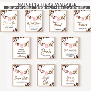 May include: A set of ten printable signs for a baby shower. The signs feature a brown and white animal print background with pink and brown accents. The signs have text that says "Mimosas Bar", "Late Night Diapers", "Food", "Favors", "Please Help the Mom-to-be by Making Yourself the Addressee", "Drinks", "Don't Say Baby", "Diaper Raffle", "Books & Gifts", and "Babies are Sweet".