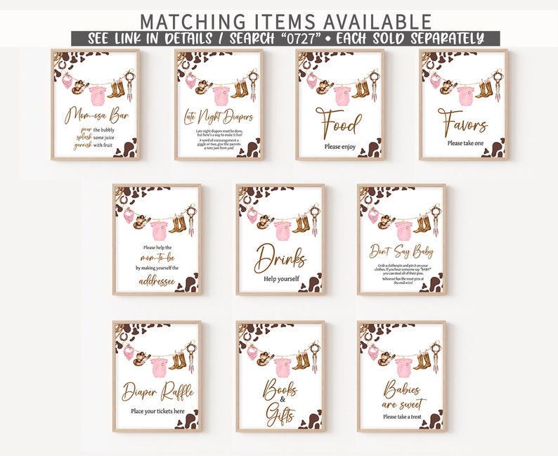 May include: A set of ten printable signs for a baby shower. The signs feature a brown and white animal print background with pink and brown accents. The signs have text that says "Mimosas Bar", "Late Night Diapers", "Food", "Favors", "Please Help the Mom-to-be by Making Yourself the Addressee", "Drinks", "Don't Say Baby", "Diaper Raffle", "Books & Gifts", and "Babies are Sweet".