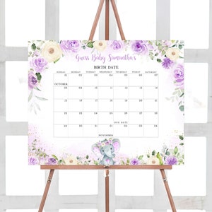Bearbeitbares Mädchen Elefant Babyparty Fälligkeitsdatum Poster, Lila Blumenelefant Babypartykalender, Lila Elefant Geburtstagsvorhersagen, 0326