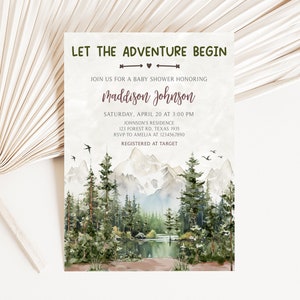 Editable Let the Adventure Begin Baby Shower Invitation, Adventure Awaits Baby Shower Invite, Woodland Mountain Baby Shower Invitation, 0737