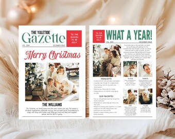 Tarjeta navideña editable ¡Qué año!, tarjeta festiva de resumen del año, tarjeta de resumen del año con boletín familiar, carta navideña de periódico, 75SE