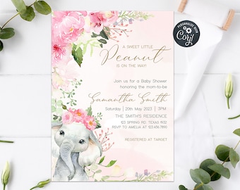 Op de afbeelding: Een roze en witte babyshower-uitnodiging met een aquarel-illustratie van een grijze olifant met een roze bloemenkrans. De tekst luidt "A Sweet Little Peanut Is On The Way!" en bevat de naam "Samantha Smith" en details voor de babyshower.