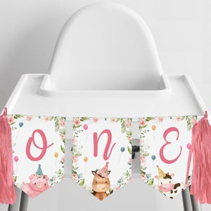 Farm High Chair Banner Birthday, Pink Barnyard Birthday Banner, Girl Farm Animals First Birthday Party One Banner, Floral Barnyard 321BD