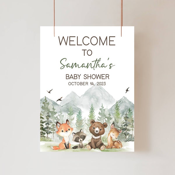 Editable Let the Adventure Begin Woodland Baby Shower Welcome Sign, Boy Adventure Baby Shower Welcome Poster, Forest Baby Shower Sign, 0496