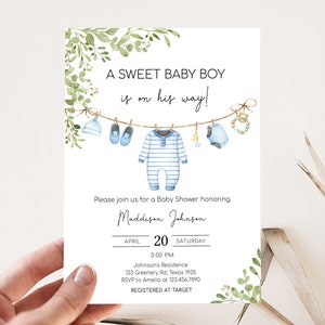 Editable Sign Boy Baby Clothes Baby Shower Invitation, Boho Baby Shower Invite, Blue Baby Boy Clothes Baby Shower Invitation Template, 0653