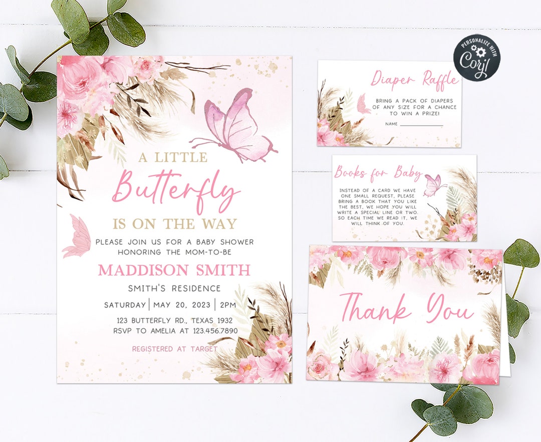 Editable Boho Butterfly Baby Shower Invitation Set, Pink Butterfly ...