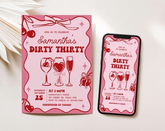 Invitación editable de cereza para 30 cumpleaños, invitación para fiesta de cumpleaños de treinta años, cóctel dibujado a mano, invitación para fiesta de coqueta para chicas, 109BD