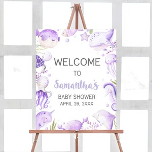 Editable púrpura bajo el mar baby shower signo de bienvenida, cartel de bienvenida de baby shower náutico, signo de dirección de baby shower de niña océano y mar, 0641