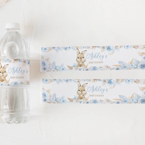 Editable Boy Rabbit Baby Shower Bottle Label, Blue Boho Rabbit Baby Shower Water Label, Pampas Grass Boy Bunny Water Bottle Stickers, 0611 image 3