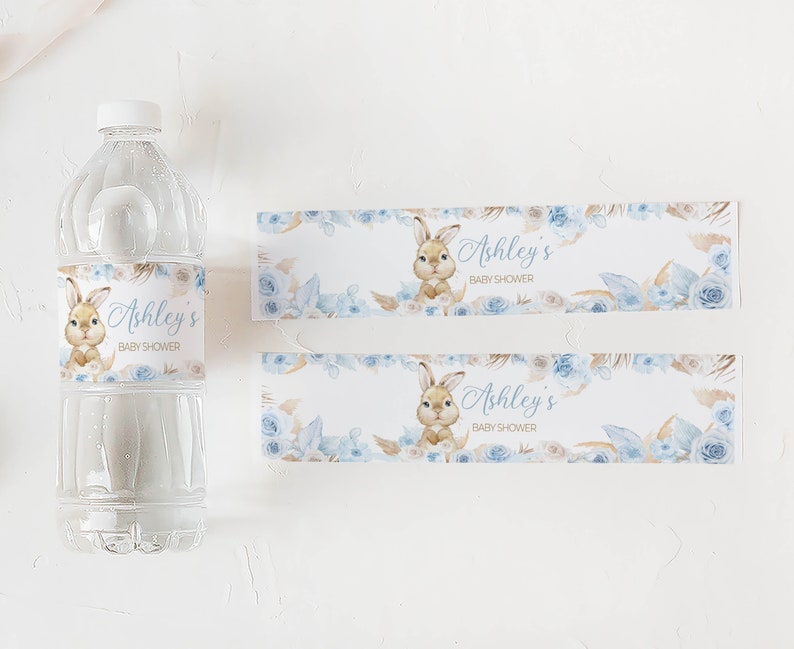Editable Boy Rabbit Baby Shower Bottle Label, Blue Boho Rabbit Baby Shower Water Label, Pampas Grass Boy Bunny Water Bottle Stickers, 0611 image 3