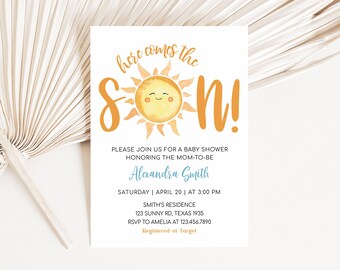 Editable Here Comes the Son Baby Shower Invitation, Boy Boho Sunshine Baby Shower Invitation, Retro Here Comes the Sun Shower Invite, 01053