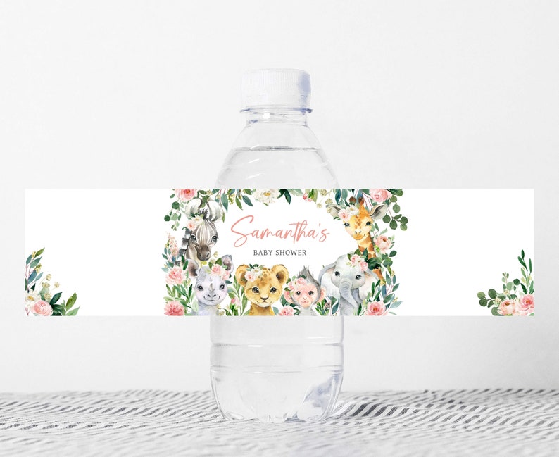 Editable A Little Wild One Jungle Baby Shower Bottle Label, Girl Jungle Baby Shower Water Label, Greenery Floral Safari Bottle Stickers 0602 image 1