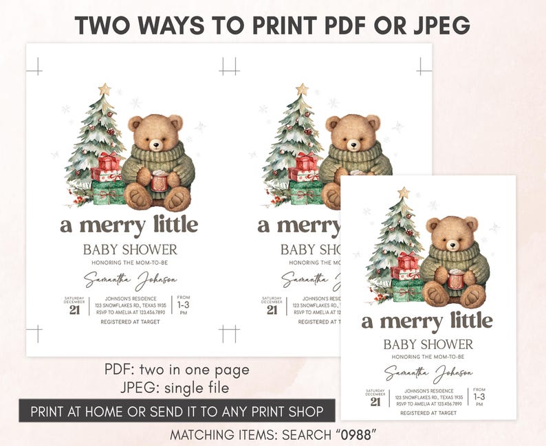 May include: Baby shower invitations with a watercolor illustration of a teddy bear wearing a sweater, holding a mug, and sitting next to a Christmas tree and wrapped gifts. The text reads "a merry little baby shower".