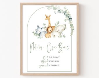 Mom Osa Bar Sign Jungle Baby Shower, Safari Baby Shower Momosa Sign, Gender Neutral Greenery Jungle Animals Mimosa Printable Template 0282