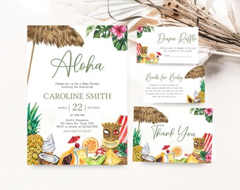 May include: A set of baby shower invitations and cards with a tropical theme. The invitation features the word "Aloha" and details for Caroline Smith's baby shower. Cards include "Diaper Raffle," "Books for Baby," and "Thank You" with tiki and fruit illustrations.
